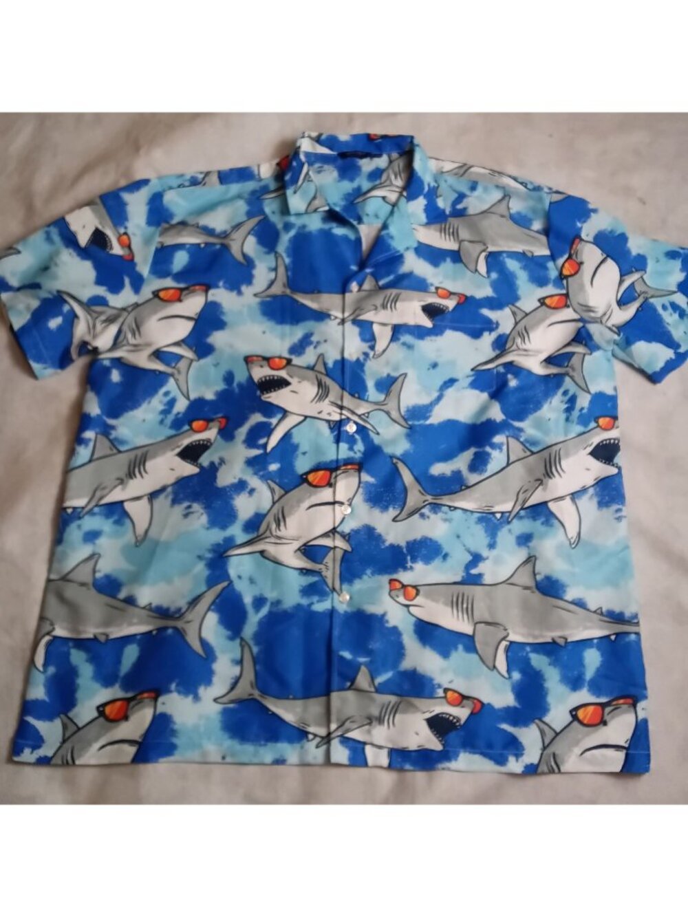 SHARKS Hawaiian Button Shirt XXL Camp Retro AOP Polyester